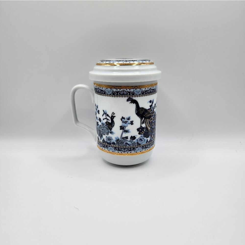 NOT FOR SALE Peacock tea cup with lid and basket